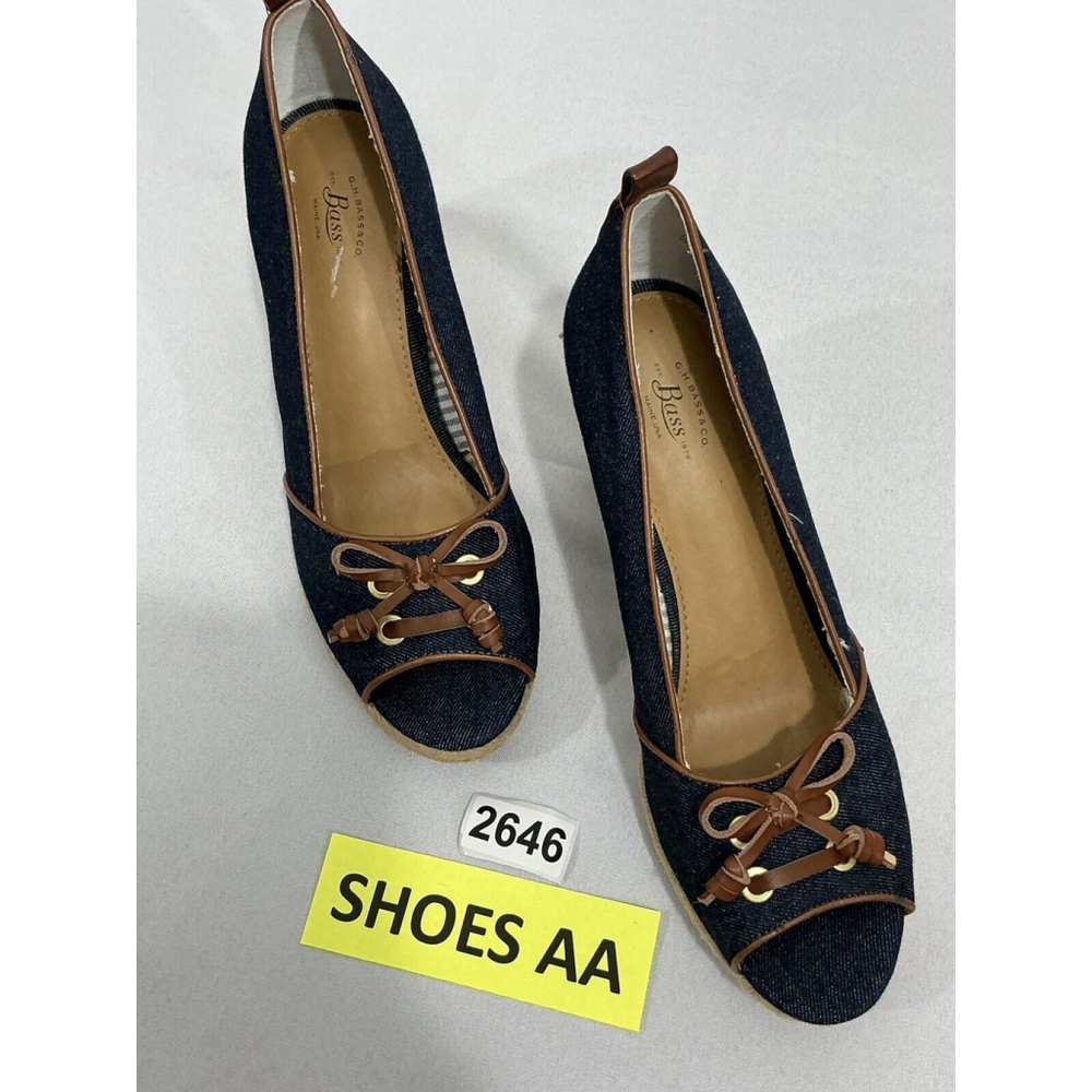 Womans Bass Anne 9.5 M Blue Denim Slip On Open Toe Espadrille Wedge Shoes
